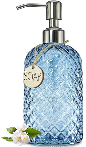 JASAI Distributeur de savon en verre à motif gemme de 510 ml pour cuisine, distributeur de savon rechargeable avec pompe en acier inoxydable antirouille, distributeur de savon transparent pour salle