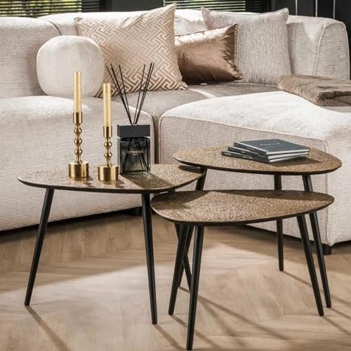 RINGO-Living Sofa Couchtisch aus Holz Industrial Style 3er Set Beistelltische Vintage, runder Couch Tisch Gold Bronze, moderner Echtholz Massivholz Wohnzimmertisch Set, modern Satztisch Industrie
