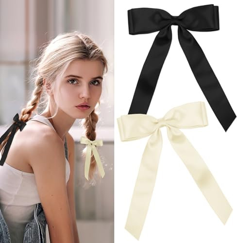 Lot de 2 Rubans à Cheveux pour Femme Avec Nœud, Noeud Cheveux Filles Double Couche Gland Ruban Cheveux, Pinces à Cheveux pour Filles Longue Queue Accessoires pour Cheveux Satin Solide(Noir + Beige)