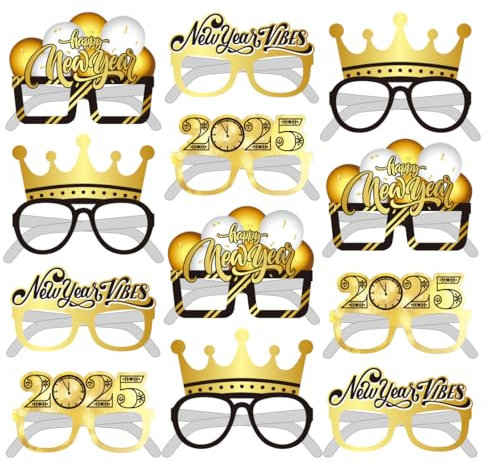 12 Silvester Deko 2025 Party Fotoautomat Requisiten Zubehör Silvester Brille, Fotobox Accessoires Happy New Year Dekoration Glitter Papier Gläser, Glücksbringer Silvester Party Neujahr Zubehör