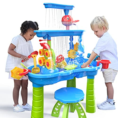 TEMI Mesa de agua para niños, niños de arena y agua de mesa, 3 niveles al aire libre de agua jugando mesa de juguete para niños, agua sensorial mesas de verano playa juguetes para niños edad 3 4 5 6 7