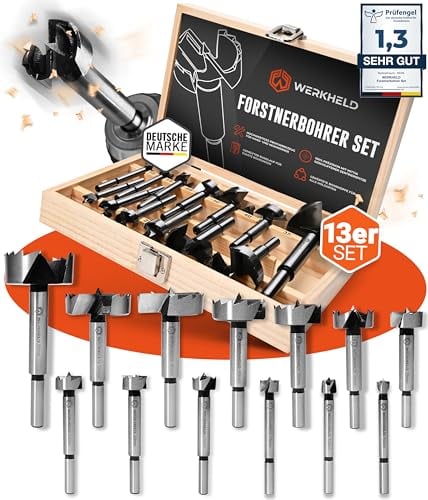 WERKHELD® Lot de 13 forets Forstner de 10 à 60 mm - Outil professionnel pour des perçages précis et propres dans le bois - Avec boîte de rangement
