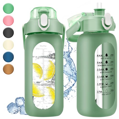 1 Liter Glass Water Bottle with Time Marker - 1000ml Large Sports Motivational Water Bottles with Handle & Silicone Case, 1 Liter Leak-proof Measured Drinking Bottle for Gym Fitness Workout (Green)