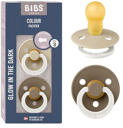 BIBS Colour Glow Dummy, 18-48 Months, 2-Pack, Vanilla Glow/Dark Oak Glow | Round Natural Rubber Teat | Size 3 | BPA-Free | Made in Denmark | Glow Handle | High Teat Acceptance | Airflow Holes