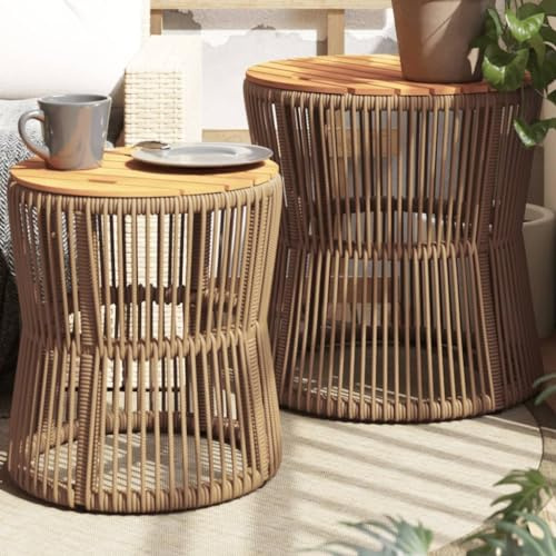 Festnight 2 STK Ratten Beistelltisch, Runder Gartentisch Kleiner Beistelltisch Couchtisch Nachttisch Kaffeetisch für Wohnzimmer Garten Terrasse Balkon Outdoor, Beige und Braun