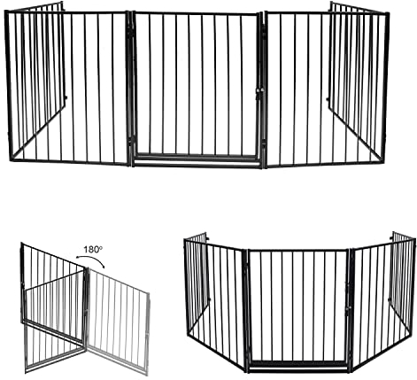 Monucep Kaminschutzgitter 304 cm, 5 Stücke Metall Absperrgitter mit Tür, Ofenschutzgitter Laufstall faltbar Tierschutzgitter Babygitter Sicherung, Schwarz