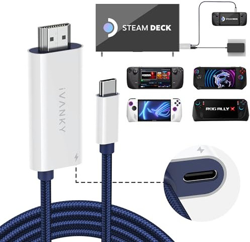 IVANKY 2-in-1 USB C to HDMI 100W Charging Cable Dock for Steam Deck OLED/ASUS ROG Ally X/MSI Claw, 4K@60Hz Nylon Braided Cable Portable Travel TV Adapter Connector for TV Screen Extend, Phantom White