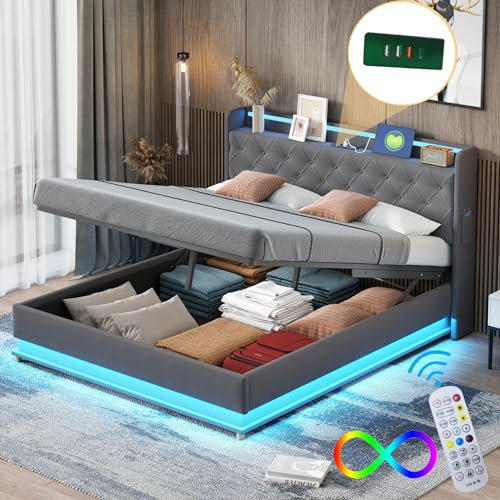 Bett 160x200 mit LED und USB, Polsterbett 160x200cm mit Stauraum und Kopfteil, Doppelbett mit Lattenrost aus Metallrahmen, Stauraumbett Hydraulisches Jugendbett Modernes Bettgestell aus Leinen -Grau