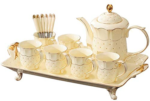 Juego de té Juego de té de porcelana europea de 14 piezas Juego de regalo de té de café Tazas Tetera Cucharaditas Servicio para 6 para uso doméstico Juegos de platillos de taza de regalo de boda