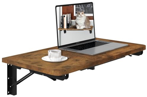 TEAMIX Wall Mounted Folding Table, Rustic Brown Floating Wall Desk for Small Spaces, Drop Leaf Dining Table for Kitchen Fold Down Laundry Shelf with Heavy-Duty Brackets