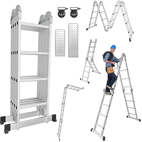 Ollewiellan 4X4 Stufen Mehrzweckleiter Max 150kg, Alu Leiter 4.7M Multifunktionsleiter,Klappleiter mit Plattform und Räder,Haushaltsleiter,Trittleiter,Super Ladder for Home und Garten