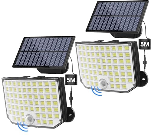 Luz Solar Exterior Jardin, Ortiny 256 LED 3 modes, 180°iluminado Focos Led Exterior Solares IP65 Indice De Impermeabilidad Luz Exterior Con Sensor De Movimiento cable fibra óptica de 5 m, Paquete de 2