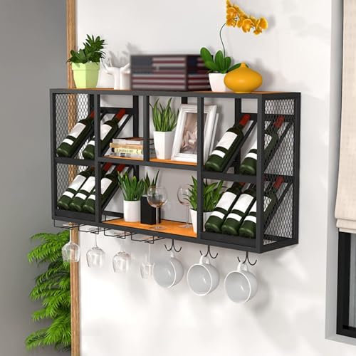 XFQZJG An der Wand montiertes Weinregal mit Glashalter, Moderne Bar-Weinregale, Flaschenhalter aus Metall, Weinregal zur Aufbewahrung und Präsentation, multifunktionale schwebende Regale