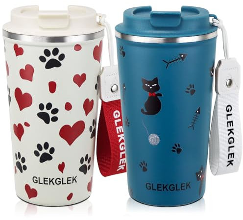 GLEKGLEK Kaffeebecher to go, Reise Thermobecher 510ml mit Trageschlaufe 2er set, Doppelwandiger Trinkbecher mit Katzen und Hundedruck für Arbeit Auto Halter Reisen