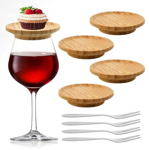 KATIMI 4 Pieces Bamboo Wine Glass Charc Erie Topper, Wine Glass Charcuterie Board Topper with Lid & 4 Stainless Steel Fruit Forks for Appetizers Desserts Home Restaurants Bars