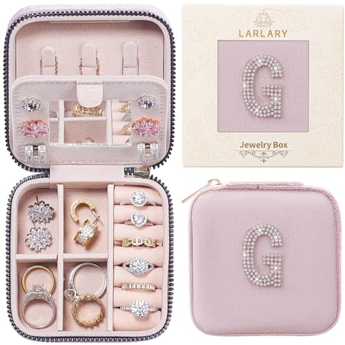Larlary Reise Schmuckkästchen, Reise Schmuckkästchen für Ringe, Ohrringe, Halsketten und Armbänder mit Buchstaben - Rosa (G)