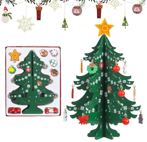 Mini Wooden Tabletop Christmas Tree Creative Desk Xmas Tree with Mini Christmas Tree Ornaments, Tabletop Mini Christmas Tree Desktop Festival Miniature Tree for Christmas Tabletop Decoration Kids Gift