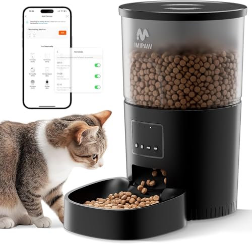 IMIPAW Automatic Cat Feeder, 5G & 2.4G WiFi Auto Dry Pet Food Dispenser with App Control, Programmable Timer, Dual Power Supply, up to 10 Meals per Day, Slow Feeder for Cats & Small Dogs