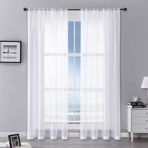 MRTREES White Sheer Curtains with Rod Pocket, Net Curtains for Windows 72 Inch Drop, Soft and Lightweight for Bedroom Living Room, 2 Panels 142x183 CM 56x72 Inch White