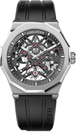 AGELOCER Automatikuhren für Herren, originelles Design, wasserdichte Sport-mechanische Uhr, Skelett-Herrenuhr mit leuchtendem Lesegeschenk, 6001A1-R, silberfarbene Edelstahl-Lünette, Schwarzwald Serie
