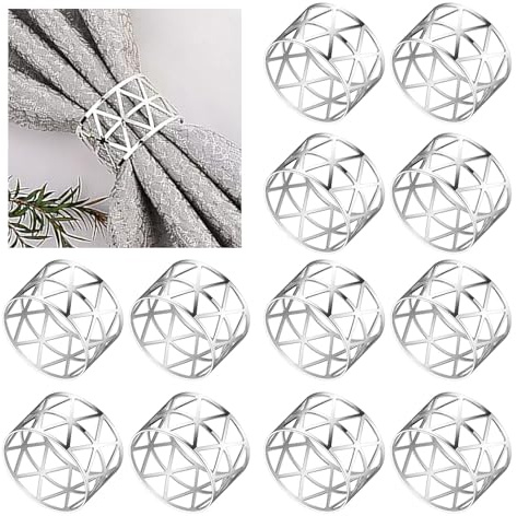 Elvielsl Napkin Ring Set, 6/12 Pcs Metal Napkin Buckle Holder Gold Silver Hollow Triangle Napkin Ring Holders for Christmas Wedding Birthday Party Table Decorations (Silver Triangle, 12 Piece)
