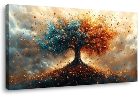 BOHUO Jaune, bleu Tableau Decoration Murale Salon Moderne Grand, Abstrait minimaliste Tableaux Arbre De Vie,Impression Sur Toile,Decoration Murale Chambre Cuisine-50x100cm Encadrée