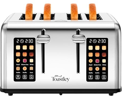 Toastley Smart Toaster 4 Slice with Dual Screen Touch Control. 4 Slice Toasters Wide Slots, Extra Lift, Auto Shutoff, Timer, Toast, Defrost, & Reheat Functions, 1760W, Silver