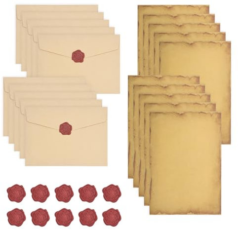 Briefpapier mit Umschlag Vintage Set,Set Vintage Schreiben mit 10 Briefumschläge, 16 Briefpapier Vintage A5 und 10 Wachssiegel-Aufkleber Briefpapier Edel Set für Hochzeits Einladung Grußkarten