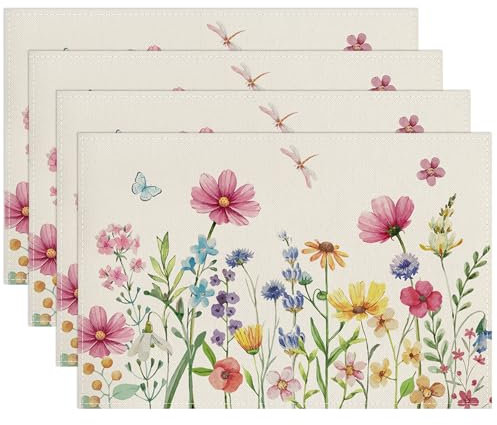 Blumen Frühling Platzsets 4er Set Gänseblümchen Libelle Tischsets Waschbar Platzsets 30x45cm Dekor für Küche, Drinnen, Restaurant, Urlaub, Party