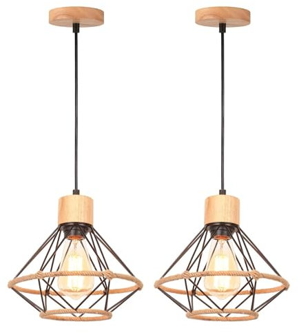 TOKIUS 2 pezzi Lampada a Sospensione E27 Industriale Plafoniera Retro in Metallo e Legno Ø220mm Lampadario in Corda di Canapa design per Cucina Salotto (C-L-220mm-2)