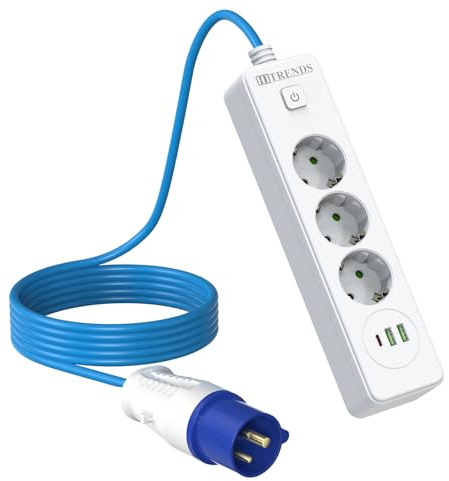 CEE-Verlängerungskabel 5m IP44 [16A/10A 2500W] – 3 Steckdosen & 2 USB-A & 1 USB-C, blau, für Wohnmobil, Caravan, Camping, Boot – wasserdichtes Stromkabel mit Schalter