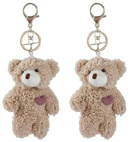 Lot de 2 mini porte-clés en peluche avec ours marron et cœur rose, porte-clés en peluche en coton doux, porte-clés à faire soi-même, animaux en peluche, porte-clés d'ours, accessoires de voiture