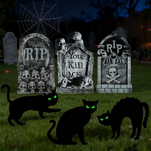 Fangoo Halloween Deko Grabstein,Gruselig RIP Grabstein Hof Schilder mit Schwarzes Katzen-Schild Zeichen Insgesamt 6 Stück für Spukhaus Halloween Partys Friedhof Garten Dekoration