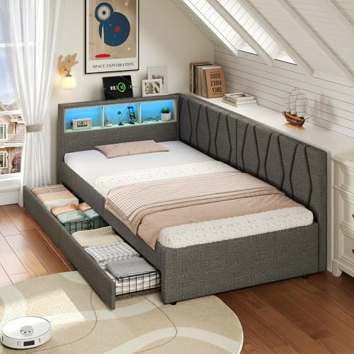 BTM Single Bed with 2 Storage Drawers, LED Modern Daybed with Charging Station, 3ft-90X190cm Linen Sofa Bed for Living Room/Bedroom/Study Room, Grey (No Mattress)