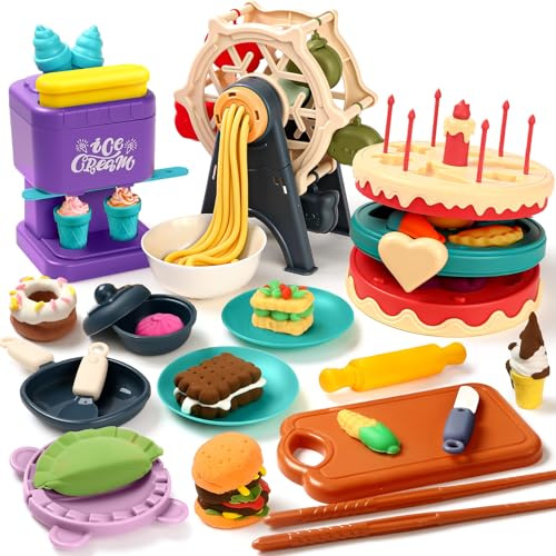 Tacobear Playdough Set for Kids Ice Cream Noodle Cake Maker Machine with 24 Colors Dough, Kitchen Creations Crafts Kit Dough Tools Molds Modelling Clay Set Toys for Boys Girls Ages 3+
