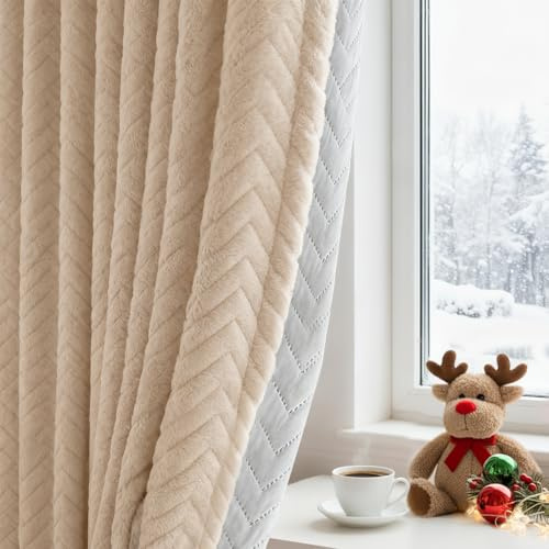 PLODAXE Cortina térmica de felpa, 260 x 200 cm, gruesa de franela térmica, protección contra el frío, 350 g/m², cinta fruncidora para salón, dormitorio (beige, 1 unidad)