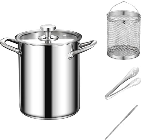 MOYIDUE Deep Fryer Pot, Stainless Steel Pasta Pot, Multipurpose Cookpot with Strainer Basket & Lid, for Frying, Soup, Noodles, Vegetables, Induction Compatible, Easy to Clean​