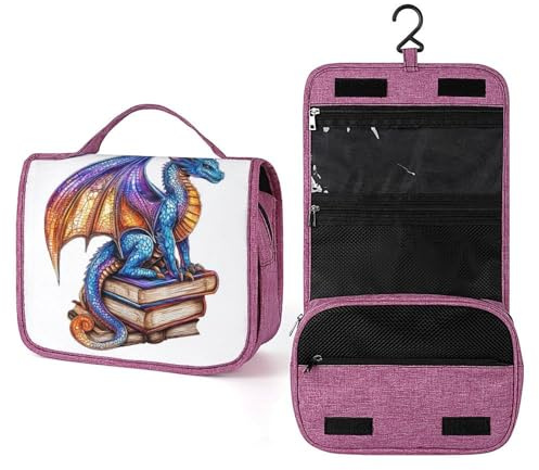Majestic Dragon on Stapel of Vintage Books Travel Toiletry Bag for Women,Hanging Makeup Organizer with Hook for Shampoo