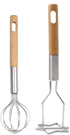 Kartoffelstampfer – 20 cm Lebensmittelstampfer, weit verbreitet | Professioneller Schneebesen-Stampfer aus Holz und Edelstahl, Küchenwerkzeug mit Holzgriff, Utensilien-Handstampfer für Küchenbohnen, A