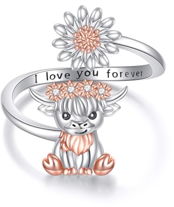 Highland Cow Ring 925 Sterling Silber Highland Cow Geschenke verstellbarer offener Gänseblümchenring Schmuckgeschenk für Frauen (6)