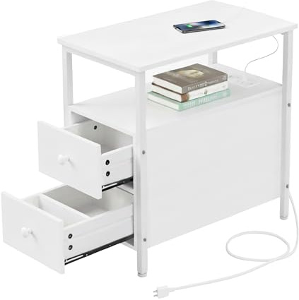 Relaxdays Beistelltisch mit Steckdosen, USB-Anschluss, 2 Schubladen, HxBxT: 61 x 35 x 60 cm, eckiger Nachttisch, weiß