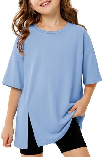 Arshiner Camiseta niña Manga Corta Basica Verano Suave Elastica Color Liso Holgada Abertura Lateral para 5 12 años