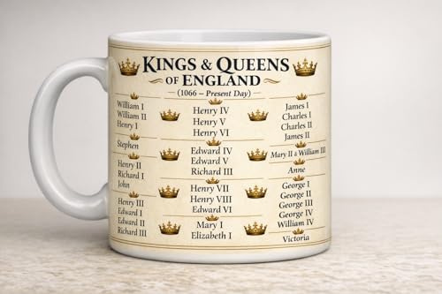 Kings & Queens of England Mug, Historical Timeline 1066 to Present Day, White Ceramic, Educational Gift for History Lovers