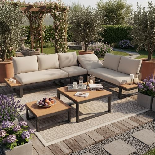 Salon de Jardin Exterieur 6/8 Personnes avec Fonction d'inclinaison Réglable(5 Positions, Jusqu'à 55°), Canapé d'angle Jardin Exterieur avec Plateau en Bois, 2 Table de Jardin Basses, Beige et Gris