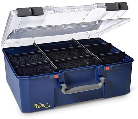 Raaco CarryLite 150 Sortierbox, Modul, Leicht Sortierbox für Werkstatt | Leicht Sortierbox für Werkstatt, mit 8 Herausnehmbare Trennwände für Kleinteile, Traglast 20 kg, Sichere Aufbewahrung, System