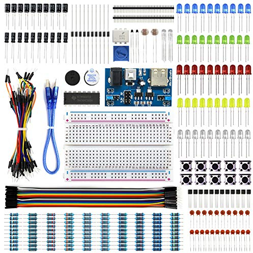 REXQualis Kit de Componentes Electrónicos con Placa de Prototipos, Resistencias, Leds, Condensadores, Potenciómetro, para Kit de Aprendizaje UNO R3, Mega 2560, Raspberry Pi, Compatible con Arduino IDE