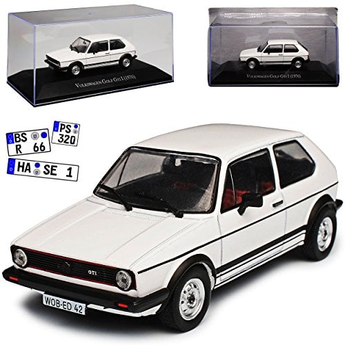 Atlas Volkwagen Golf I 1 GTI 3 Türer Weiss 1974-1983 Mit Sockel und Vitrine 1/43 Modell Auto mit individiuellem Wunschkennzeichen
