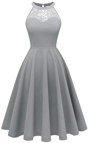 Bbonlinedress Robe de Soirée Cocktail Femme Halter Vintage pour Mariage Fête Bal Anniversaire Resto Evènement Sortie A Ligne Longueur au Genou Grey 2XL