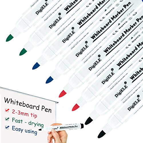 Whiteboard Marker Set, DigiELE 4 Farben Whiteboard Stifte für Magnetic Whiteboards & Flipcharts, Runde Spitze 2-3mm Stift, Trockenlöschung in 1 Stunde & Feuchttuch, Schwarz, Rot, Grün & Blau, 8er Pack