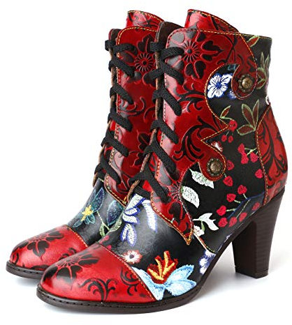 CrazycatZ Womens Leather Ankle Boots Block Heel Bohemian Splicing Pattern Colorful Bootie (Red, Numeric_7)